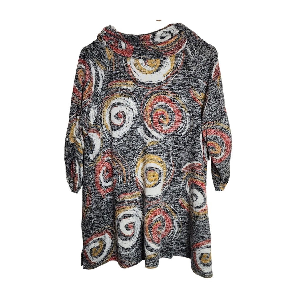 Ali Miles Tunic Top Womens PL Gray Red Yellow Swirl Cowl Neck 3/4 Sleeve - Picture 2 of 5